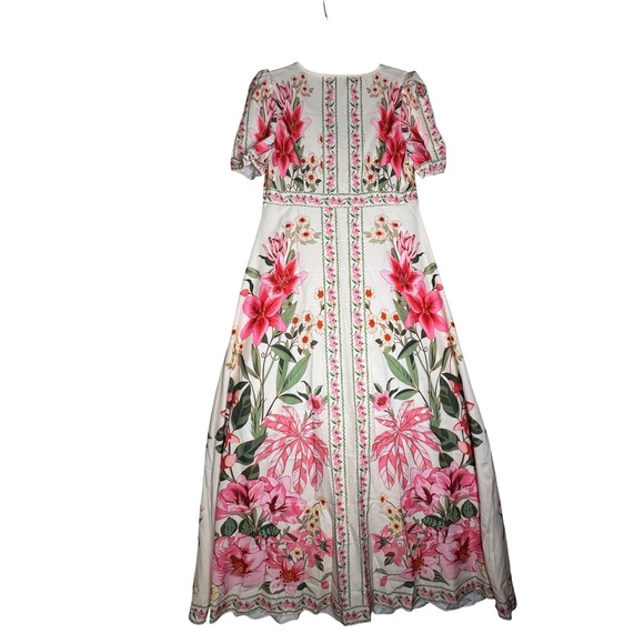 Pink Tropical Floral V-Neck Button Front Maxi Dress Size Large Cream - Picture 8 of 13